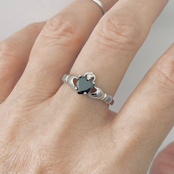 Sterling Silver Claddagh Black CZ Ring, Silver Rings, Irish Ring, Heart Ring - Picture 6 of 16